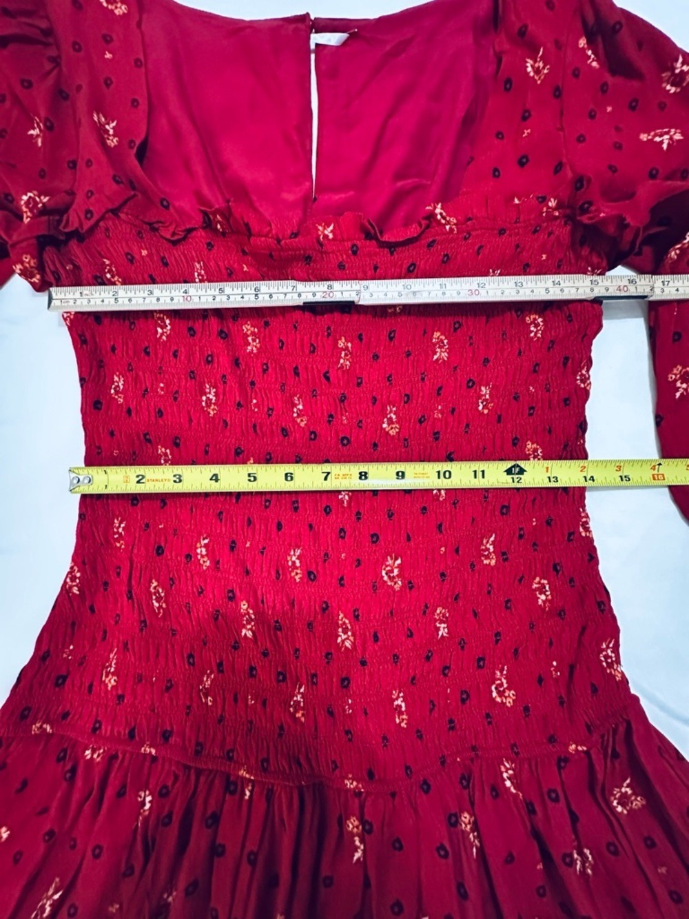 FREE PEOPLE TWO FACES RED PRINT SMOCKED MINI DRESS BOHO PUFF SLEEVE COQUETTE L - Picture 5 of 13